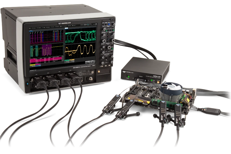 Teledyne LeCroy WaveMaster 8 Zi-B 示波器使用 HDA125 高速数字分析仪和 DH 系列 8-30 GHz 差分探头在主板上执行串行数据和 DDR 测试。